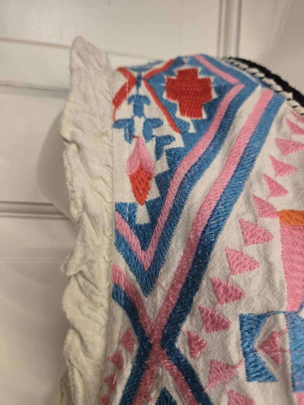 Boho Embroidered V-Neck Cream Dress with Pink and Blue Accents - Picture 4 of 9